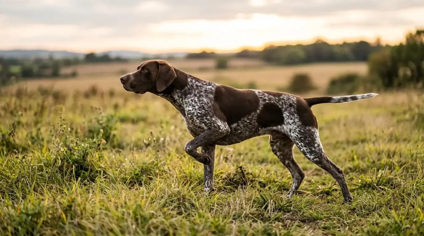 Crossbred dog stopped in a point on grass, nose forward, one foreleg lifted