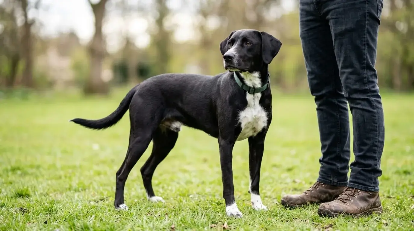 Athletic crossbred dog standing beside a person's legs on grass so the adult size is clear