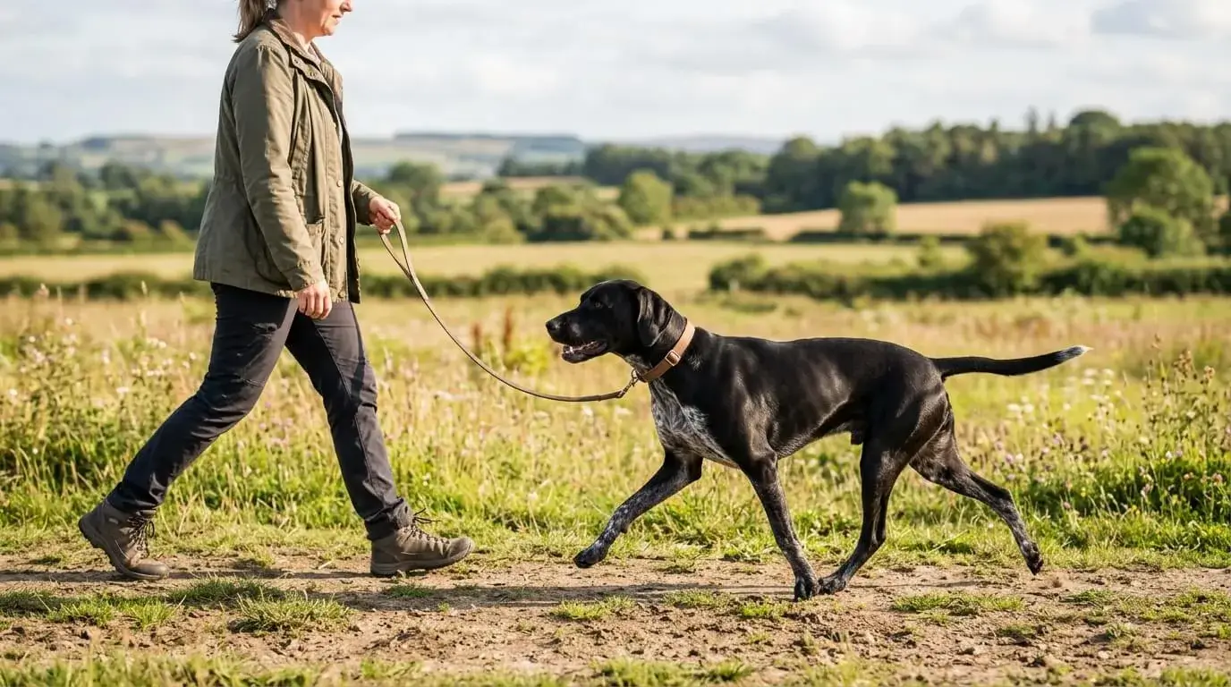 Athletic crossbred dog trotting on a flat field beside a person