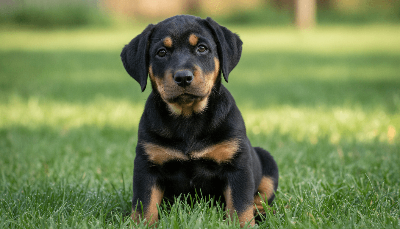 young Labrottie puppy sitting on grass with a black coat and tan eyebrow markings looking at the camera