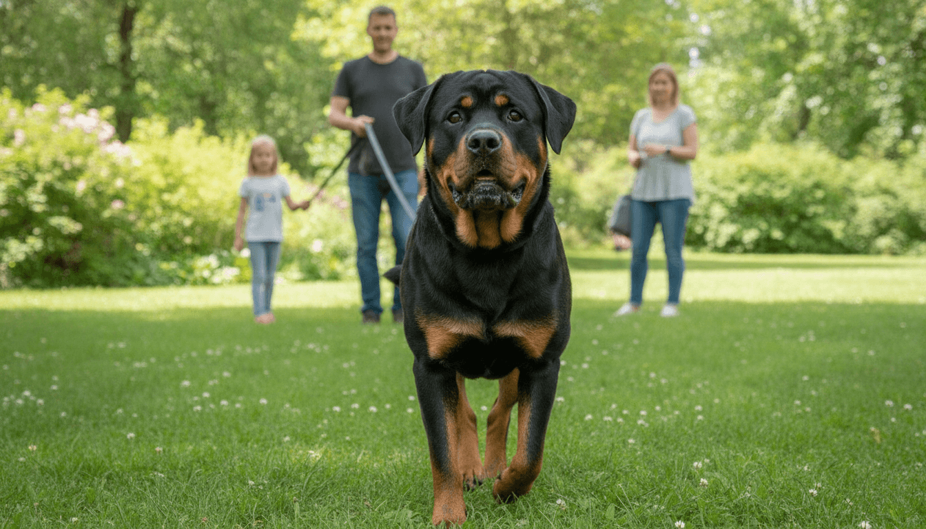 Rottweiler Lab mix walking calmly on a leash beside a family in a park