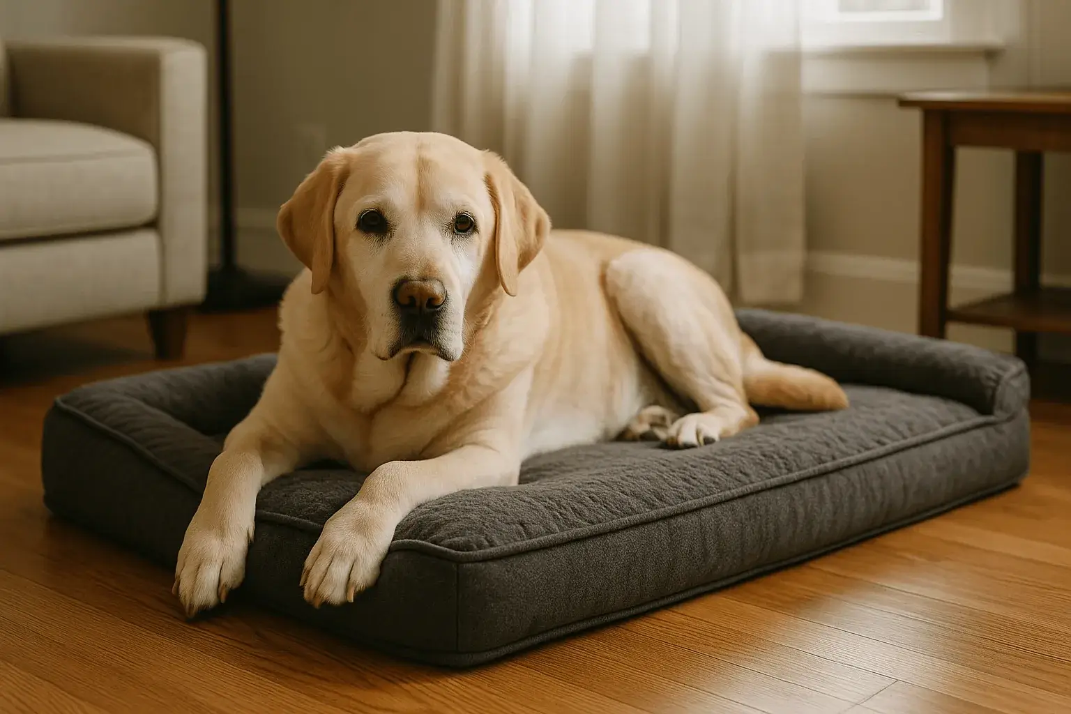 Senior Labrador resting on an orthopedic dog bed in a living room