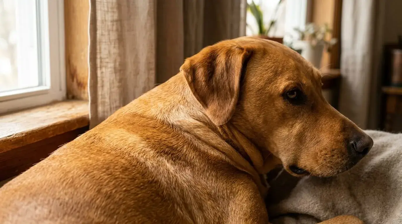 Close view of a short golden coat on a Vizsla and Labrador cross, shoulder and neck