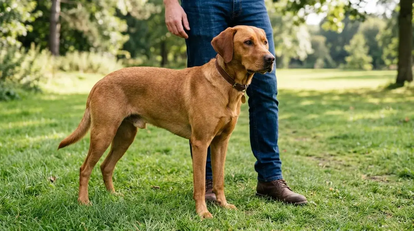 Athletic crossbred dog standing beside a person's legs on grass so the adult size is clear