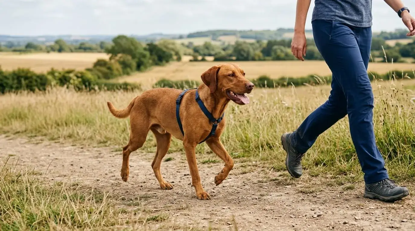 Athletic crossbred dog trotting on a flat field beside a person