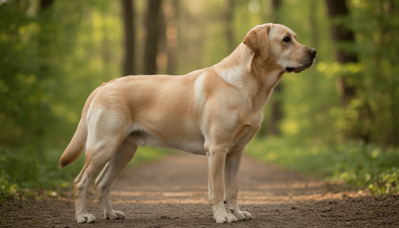 Labrador Retriever around 18 months filling out chest and muscle after reaching near-adult height