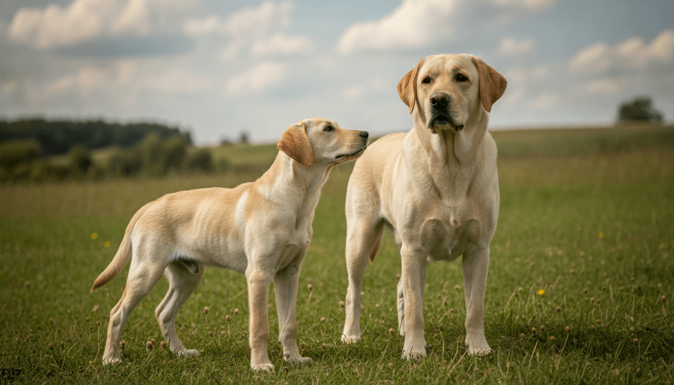 six-month-old Labrador puppy standing next to an adult Labrador showing remaining growth left