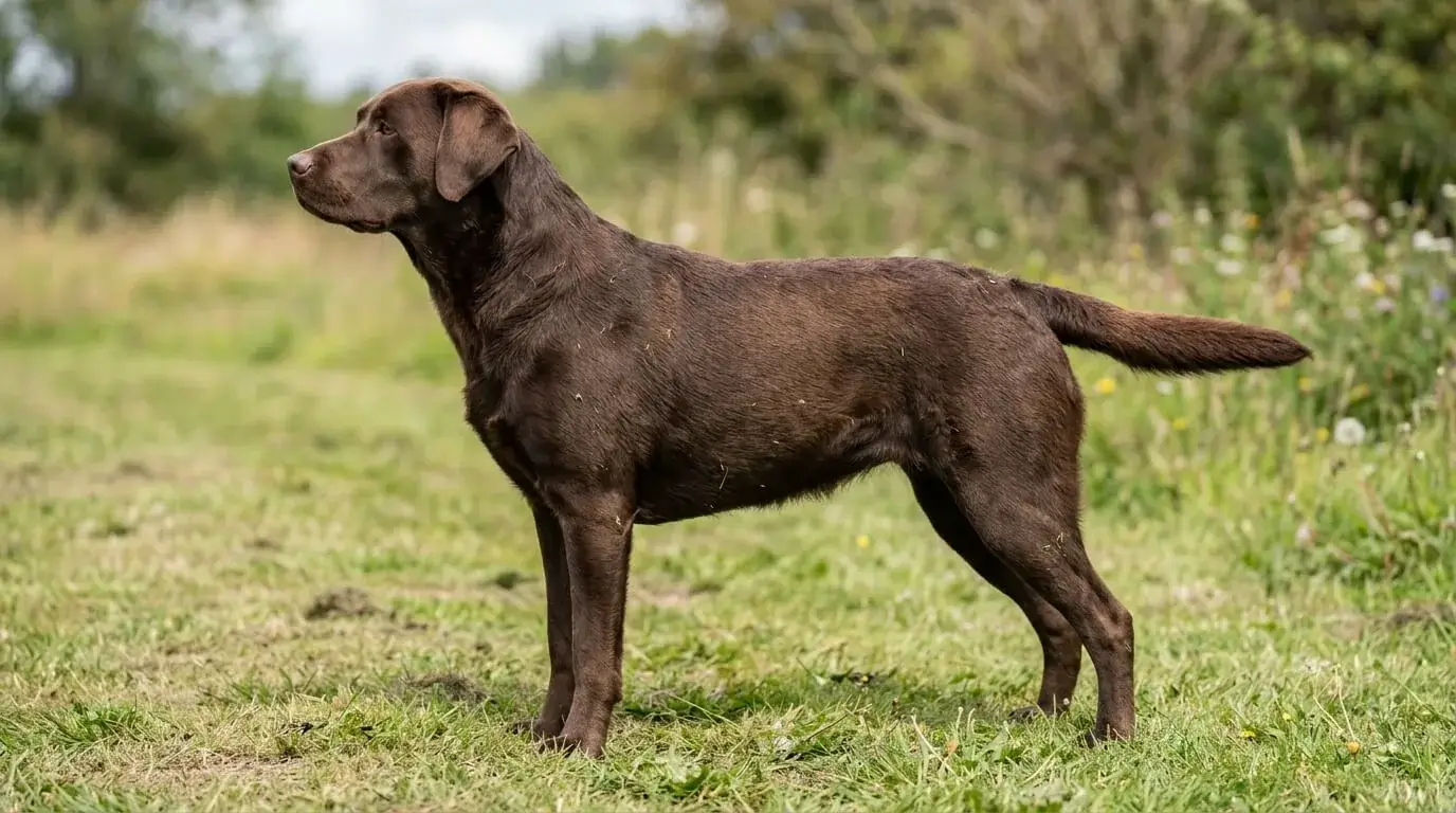 Lean adult chocolate Labrador standing side-on on grass, a healthy body condition with a visible waist