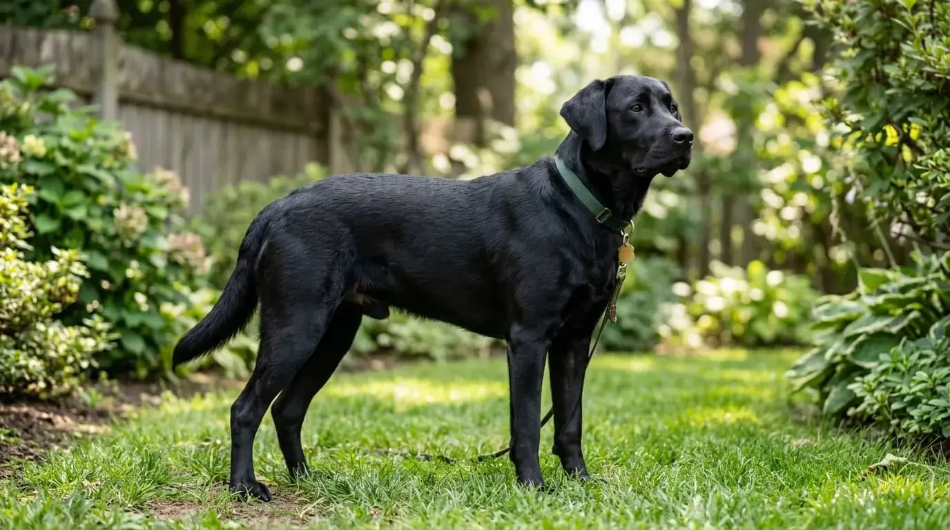 Young male black Labrador standing in a backyard, lean and athletic at about one year old