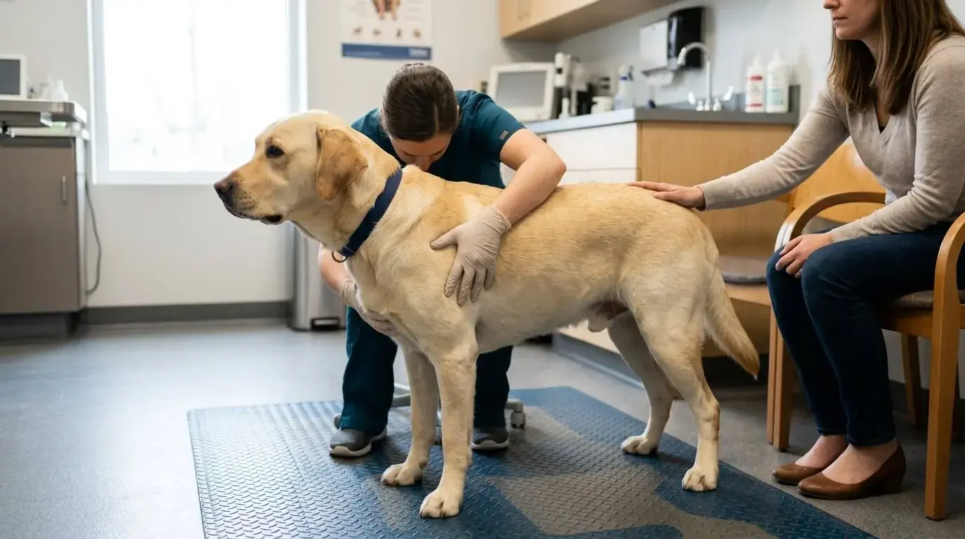 Veterinarian examining a calm yellow Labrador while the owner watches in an exam room