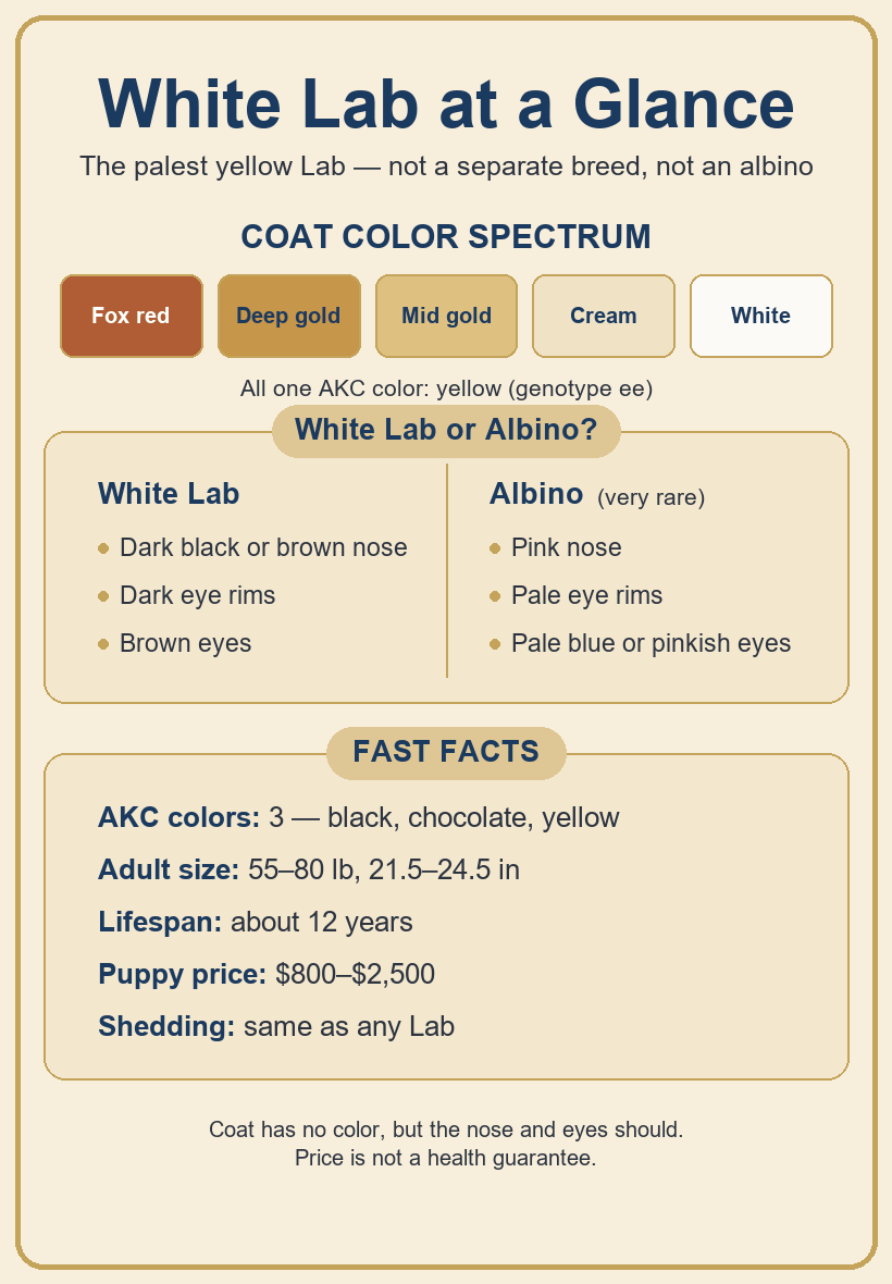 Infographic of the Labrador coat color spectrum with a White Lab versus albino pigment checklist and quick care facts