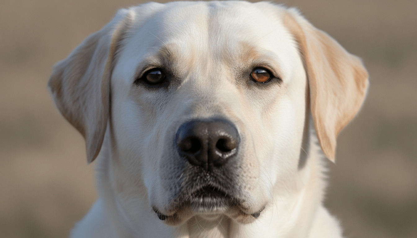 Close-up of a pale cream Labrador's face with a dark nose, dark eye rims, and warm brown eyes