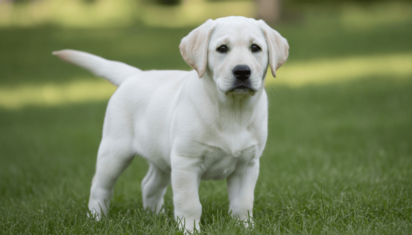 A pale cream Labrador puppy standing on grass in soft natural light with a playful expression
