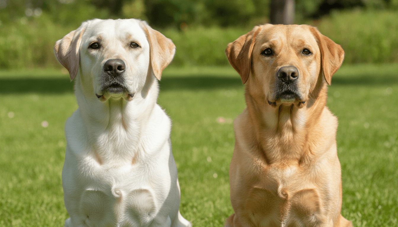 A pale cream Labrador and a mid-gold yellow Labrador sitting side by side on grass showing the shade range