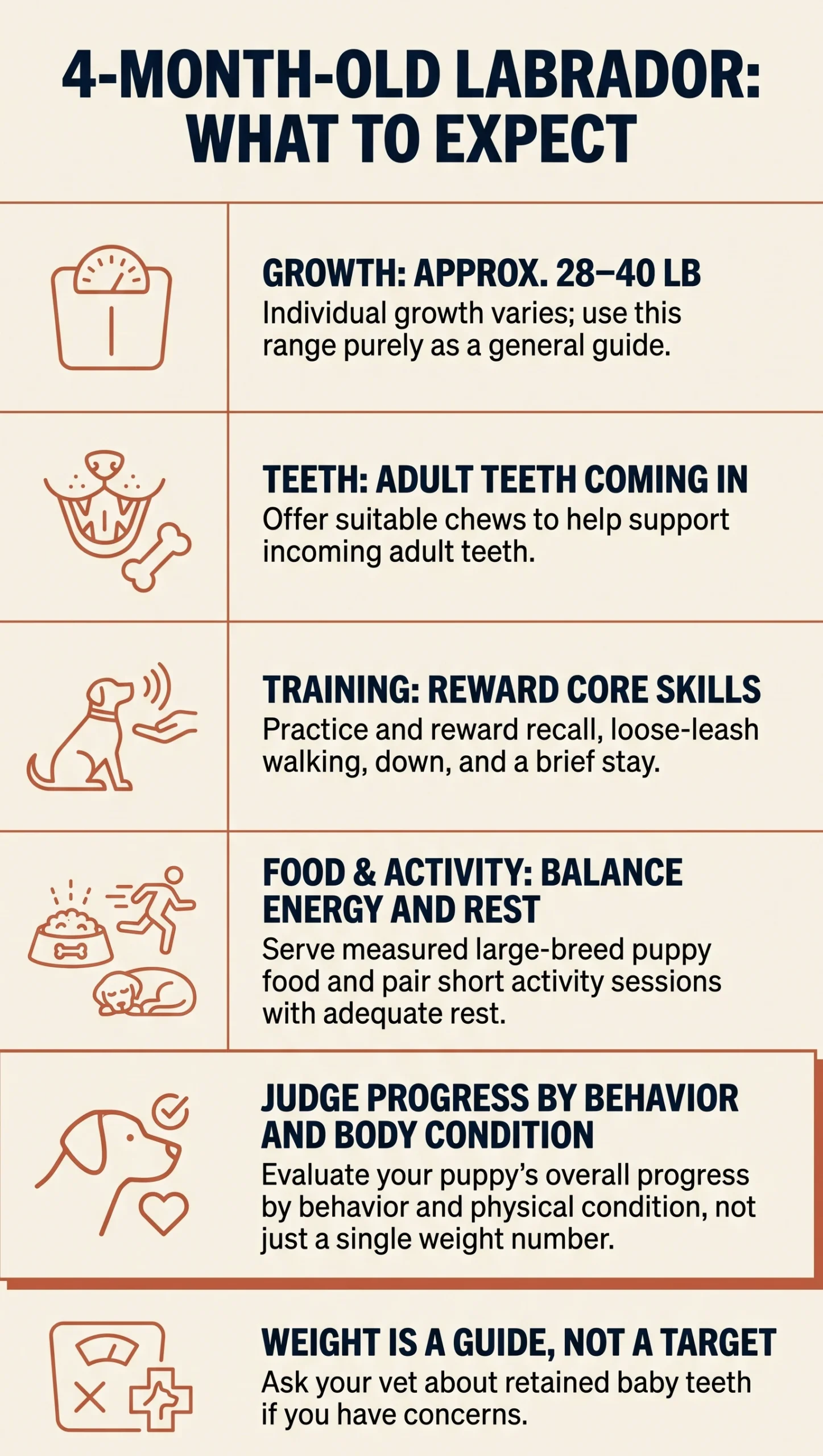 Four-month-old Labrador overview covering growth, adult teeth, reward-based training, food, and activity