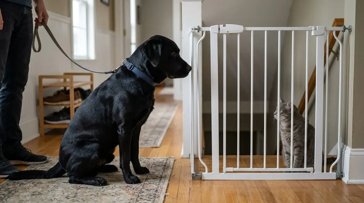 Leashed black Labrador sitting calmly on one side of a baby gate while a cat watches from the other side