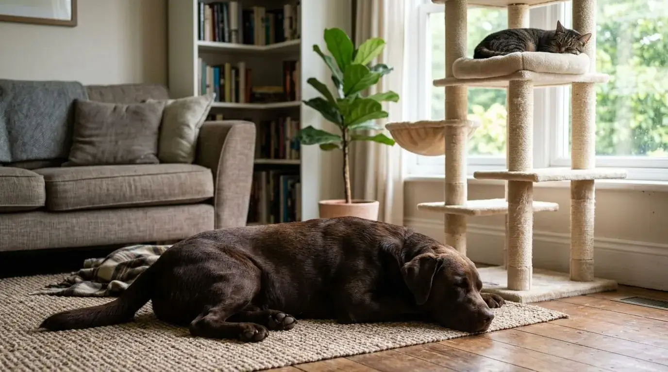 Cat resting on a tall cat tree out of reach while a chocolate Labrador lies on the floor below