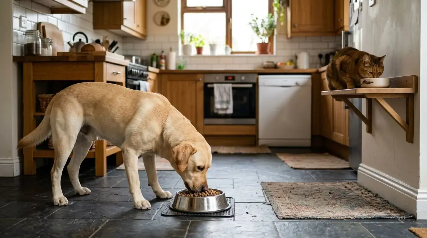 Labrador eating from its floor bowl while a cat eats on a raised counter station across the kitchen