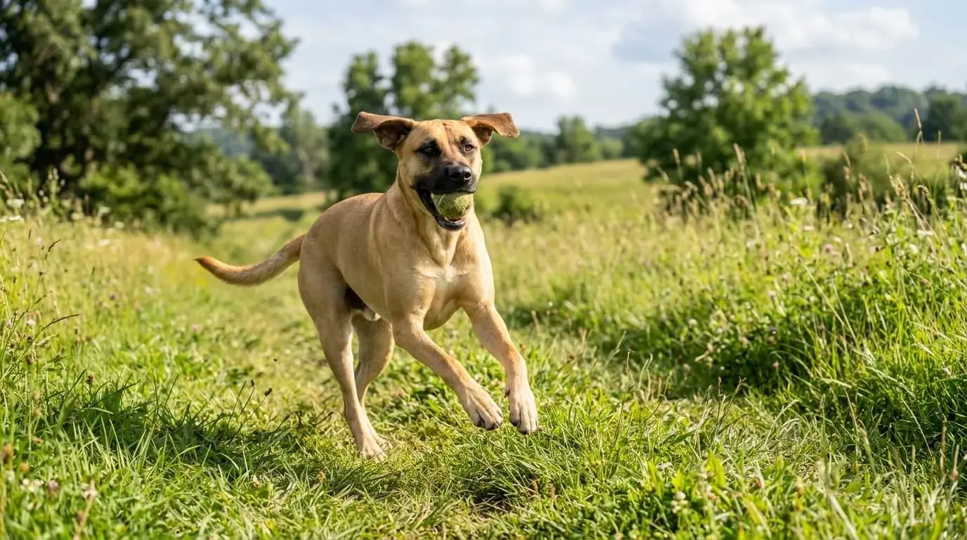 Fawn, black-muzzled Lab cross running through a field with a tennis ball