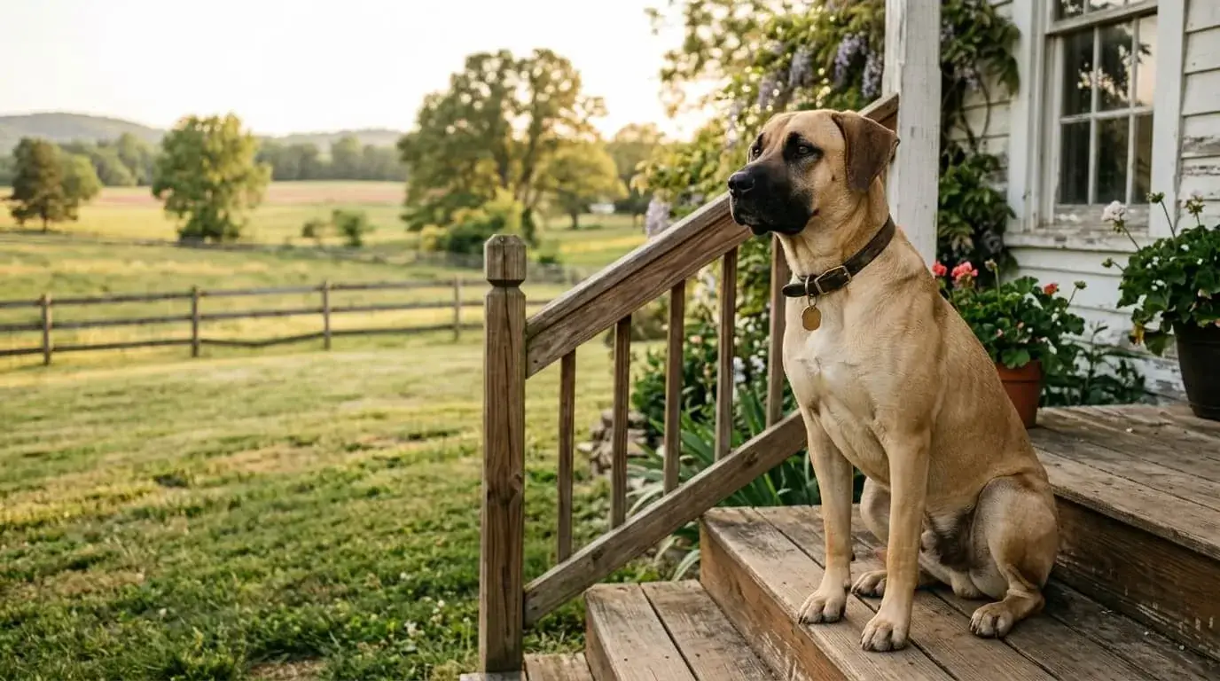 Fawn Black Mouth Cur Lab mix with a dark muzzle sitting on farmhouse porch steps