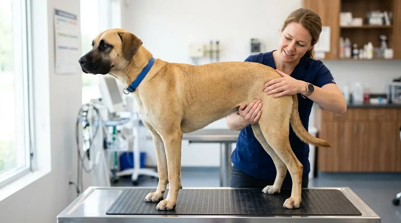 Veterinarian checking the hips and hind legs of a fawn Lab mix on an exam table