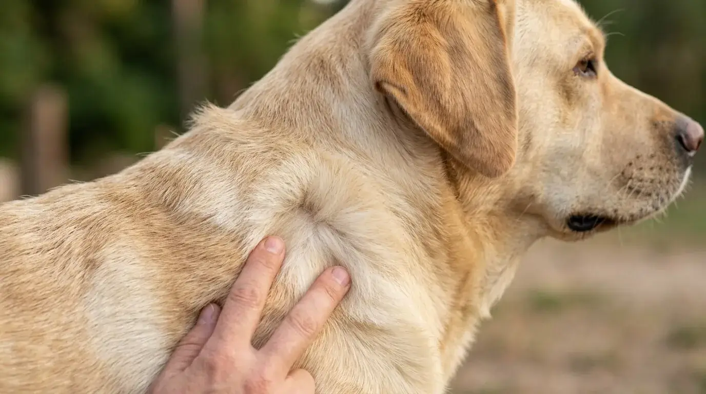 Close-up of a Labrador's coat parted by a hand to show the dense undercoat beneath the guard hairs