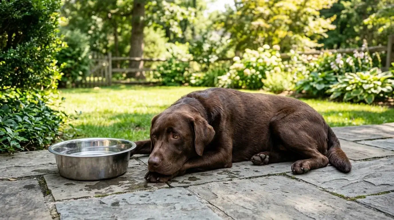 Chocolate Labrador lying on a shaded patio next to a full bowl of fresh water on a hot day