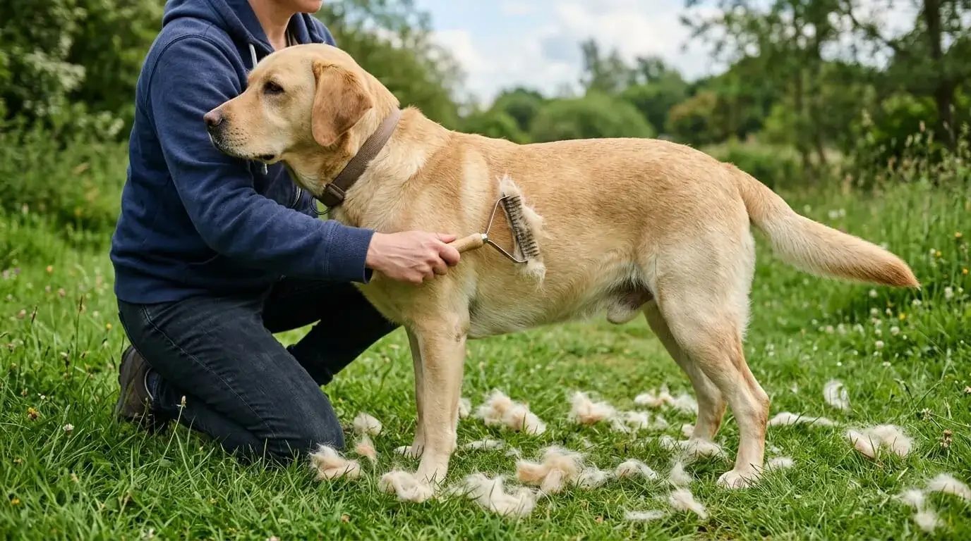 Owner brushing loose undercoat out of a yellow Labrador with an undercoat rake in the backyard