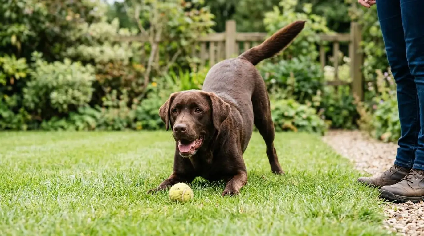Chocolate Labrador in a play bow barking at its owner to start a game