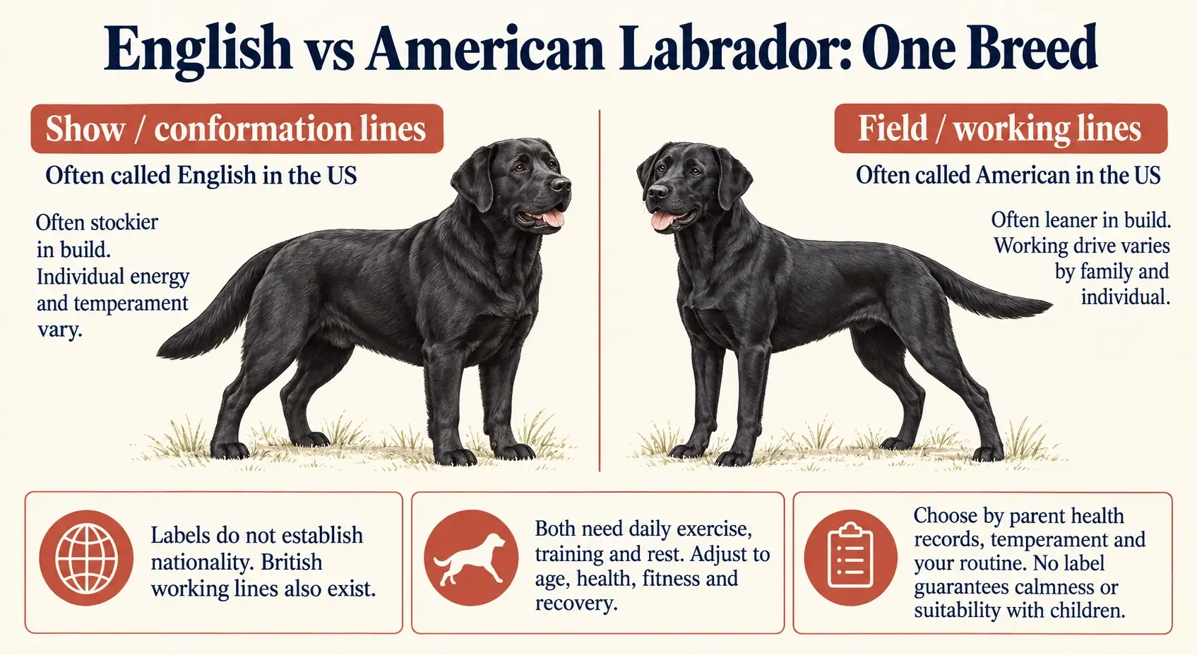 Show and field Labrador comparison: informal US labels, variable appearance and individual care.