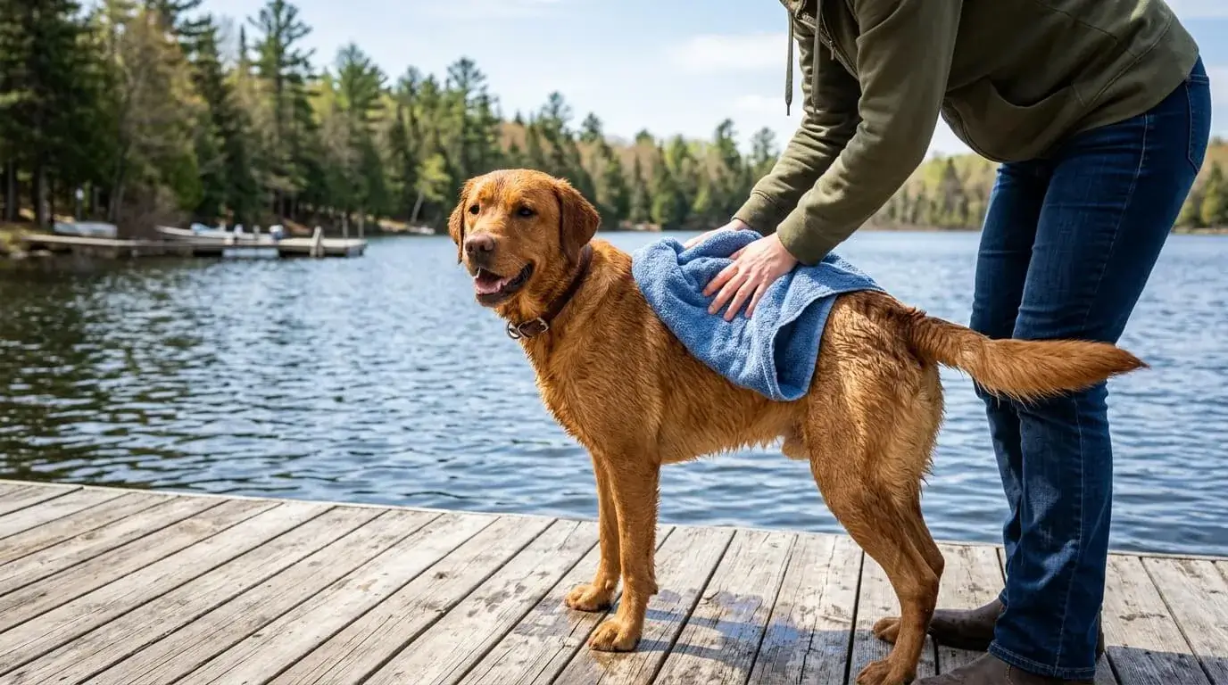 Fox red Labrador being toweled dry on a dock after a swim