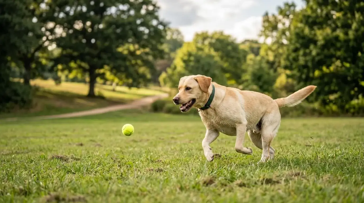 Young yellow Labrador chasing a ball in a short game of fetch on grass