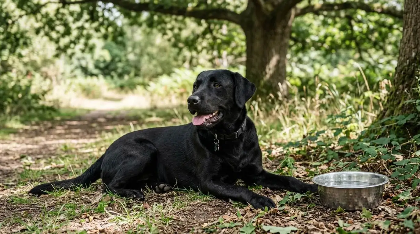 Black Labrador resting in the shade with a water bowl after a run