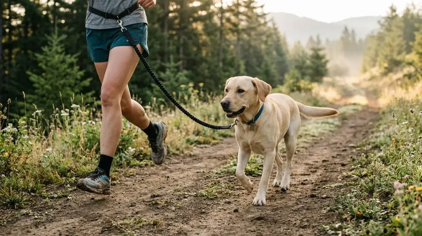 Owner jogging on a dirt trail with a yellow Labrador trotting beside on a hands-free leash