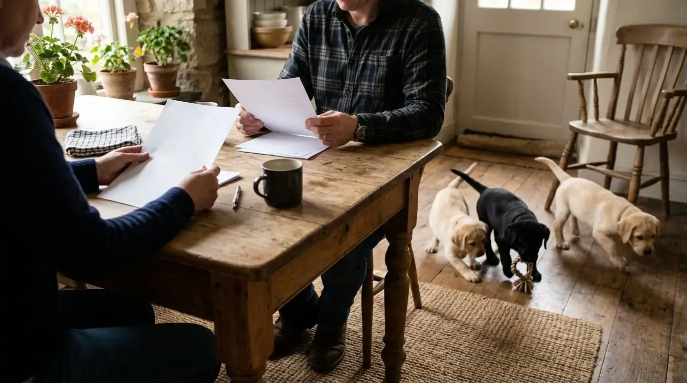 Family reading a breeder's health certificates at a kitchen table while Labrador puppies play nearby