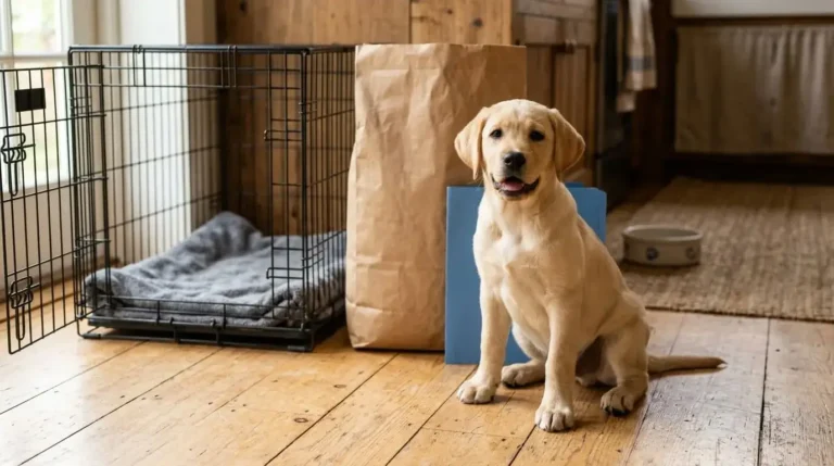 How much does a Labrador cost: yellow Lab puppy beside a crate, food bag and vet records