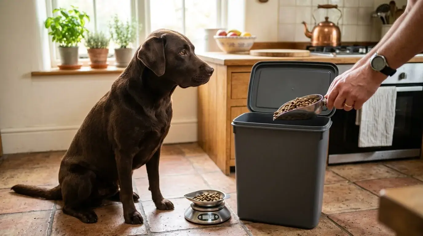 Adult chocolate Labrador sitting beside a kitchen scale and a large food storage bin while kibble is weighed