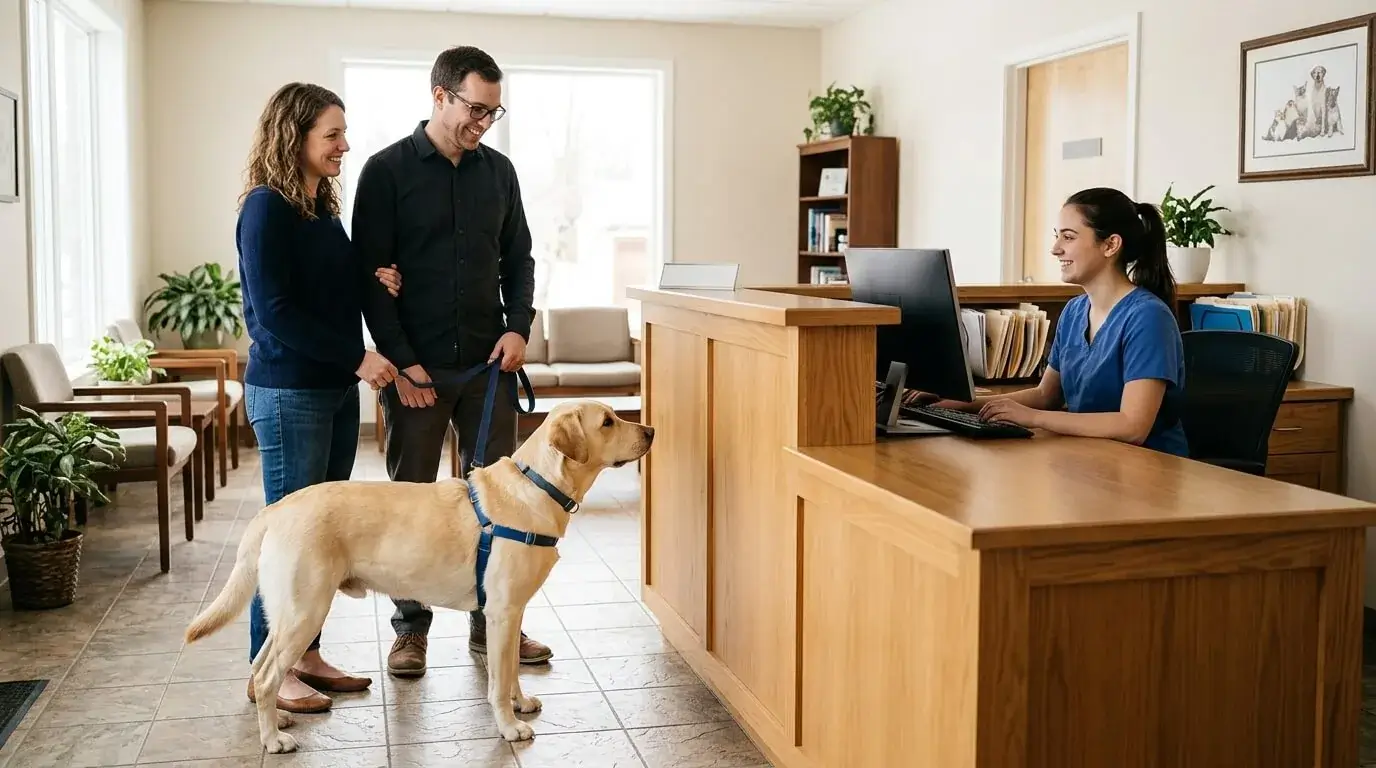 Family checking in at a veterinary clinic front desk with their adult yellow Labrador on a leash