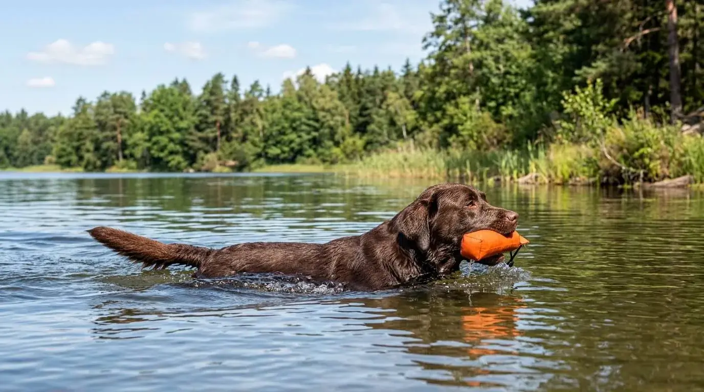 Chocolate Labrador swimming back to shore with a training dummy in its mouth