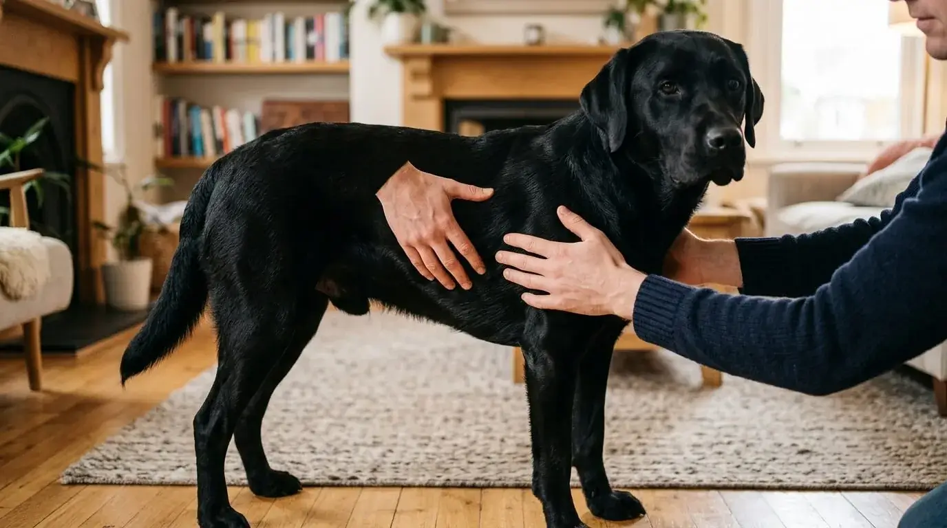 Owner's hands resting flat on a black Labrador's rib cage to feel for the ribs