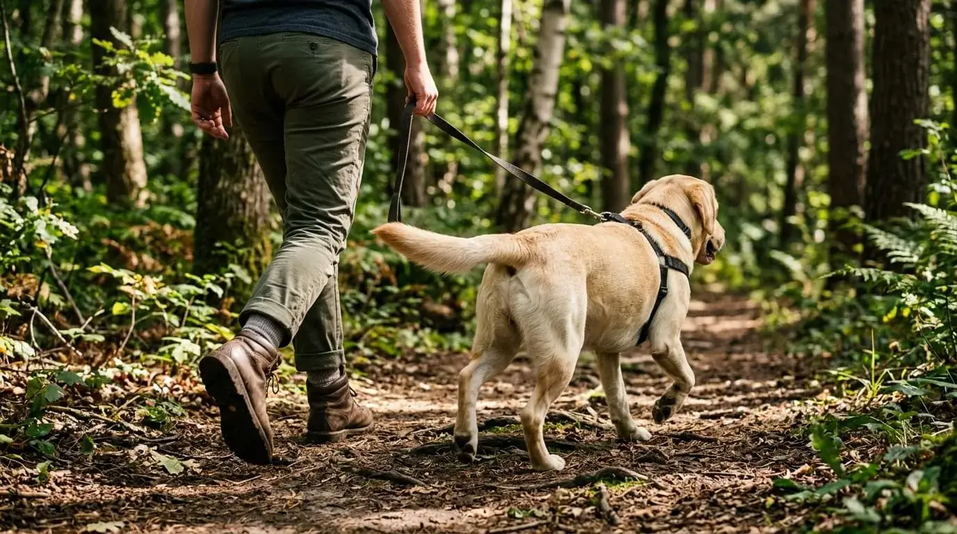 Owner and a yellow Labrador walking briskly on a leash along a forest trail