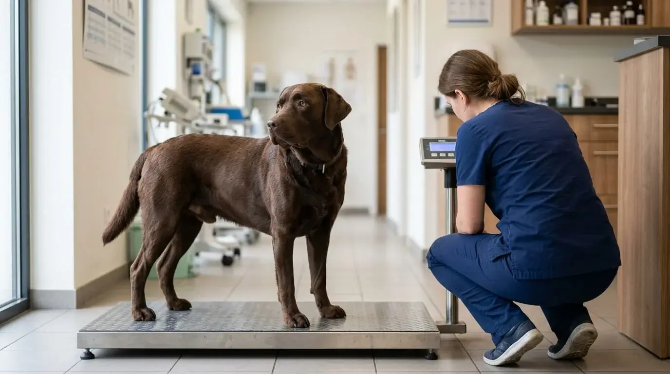 Chocolate Labrador standing on a veterinary clinic floor scale while a vet looks at the display