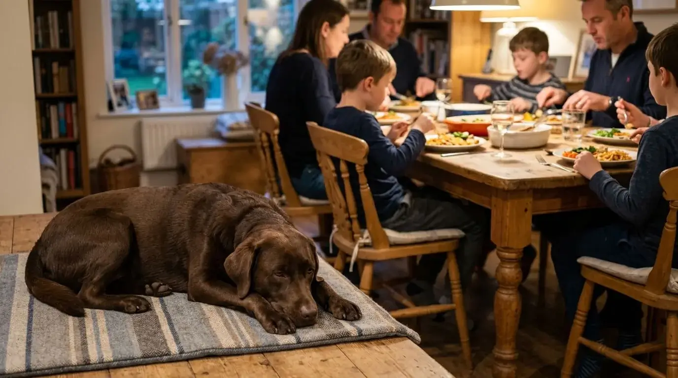 Chocolate Labrador lying calmly on its mat while the family eats dinner at the table
