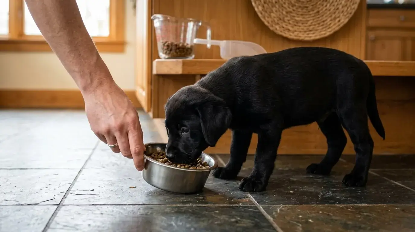 Black Labrador puppy eating a measured meal from a small steel bowl on a kitchen floor