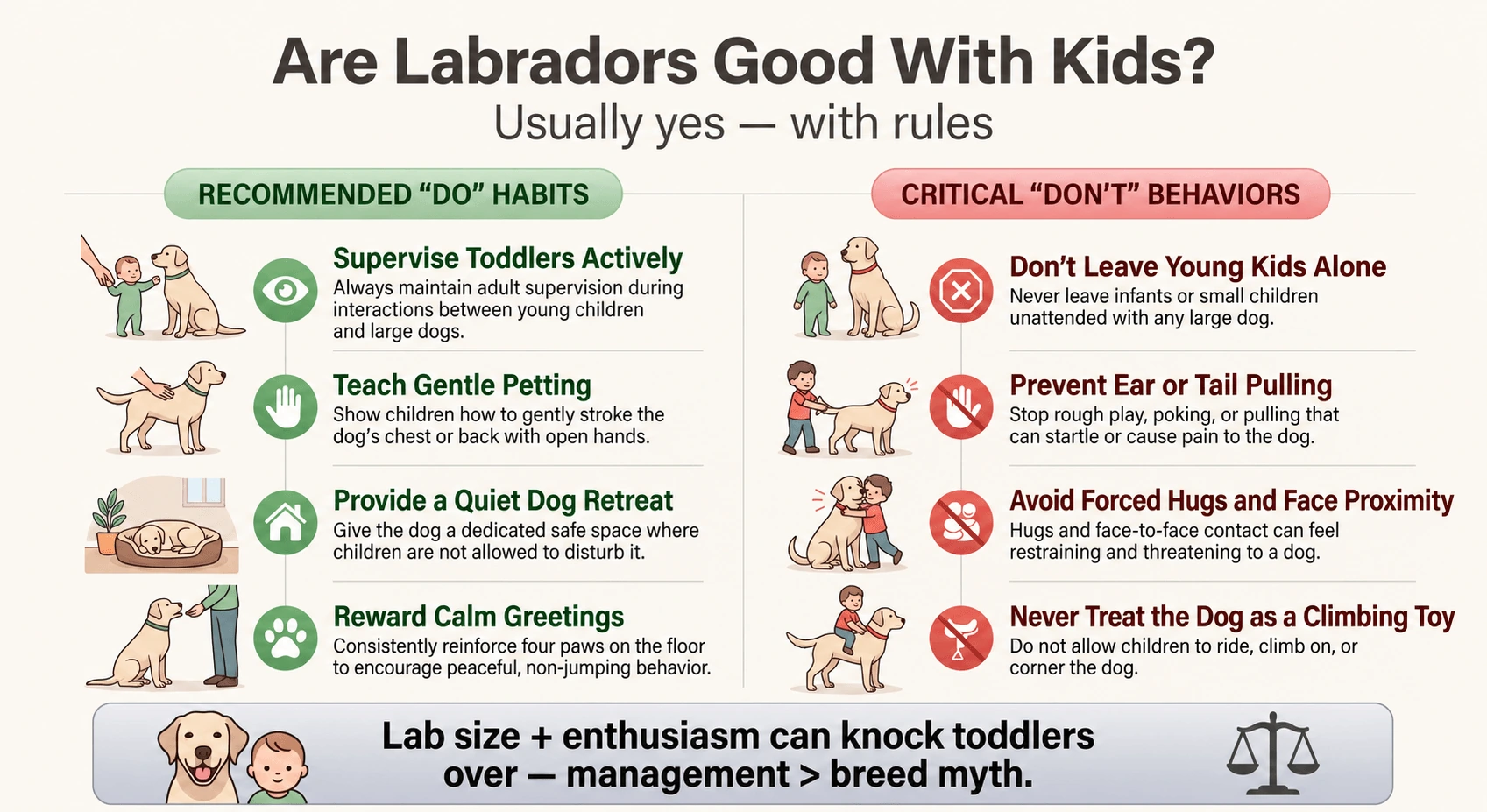 Illustrated safety rules for Labradors and children: active supervision, gentle petting, a quiet retreat, calm greetings, and behaviors to prevent.