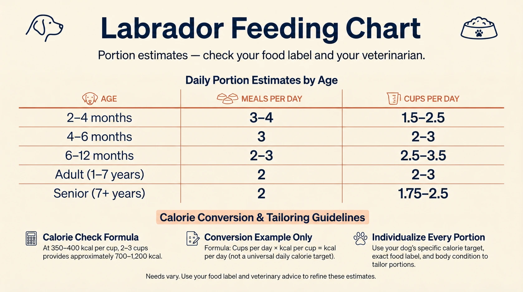 Existing age-based feeding estimates with meals and cups per day, plus the corrected example that 2 to 3 cups at 350 to 400 kcal per cup provides 700 to 1200 kcal
