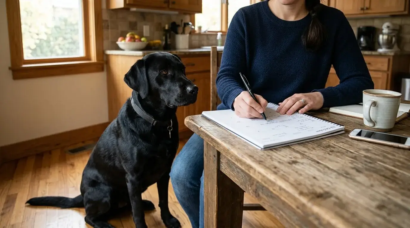 Owner marking dates on a paper wall calendar at the kitchen table while a black Labrador sits nearby