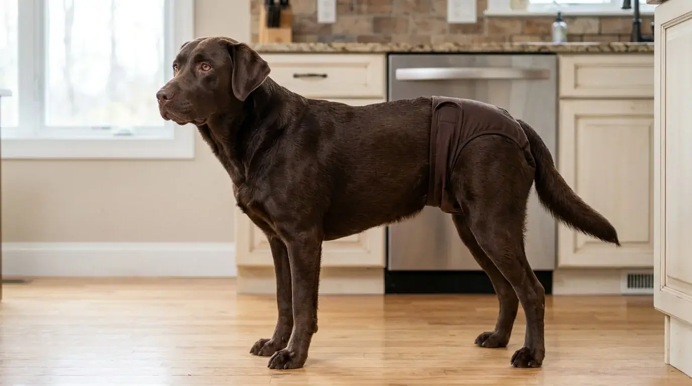 Female chocolate Labrador wearing a washable dog diaper standing on a kitchen floor