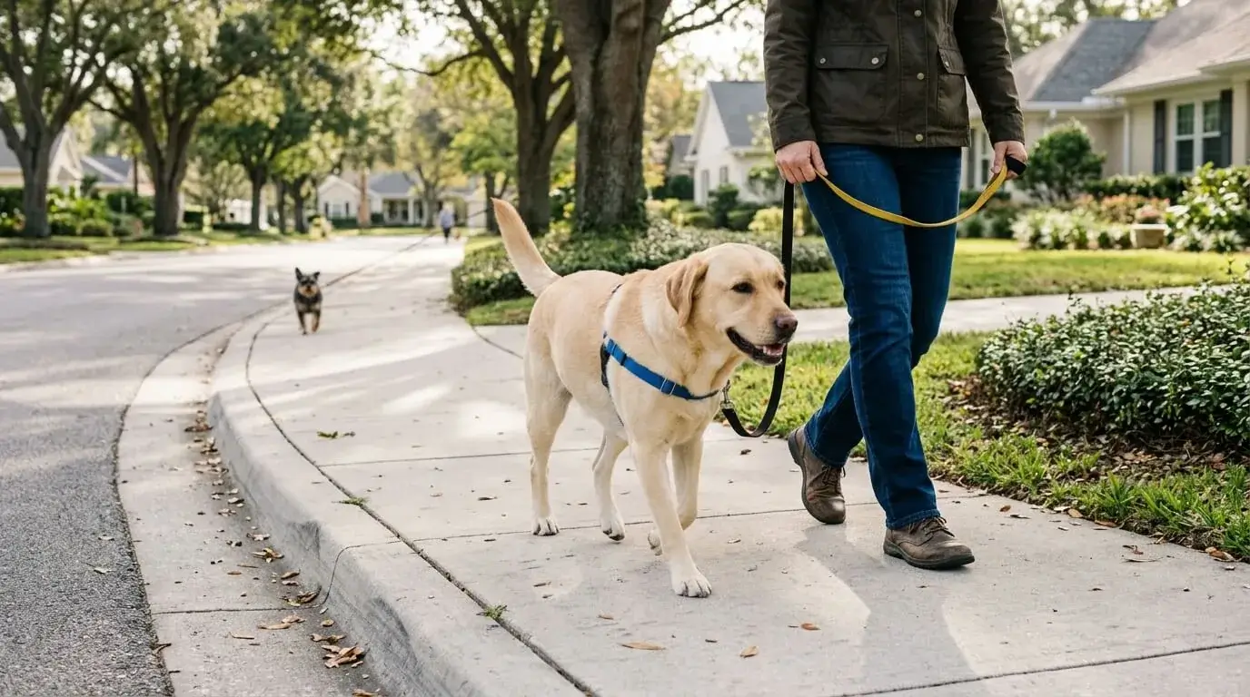 Female yellow Labrador on a short leash on a quiet sidewalk with another dog far in the distance