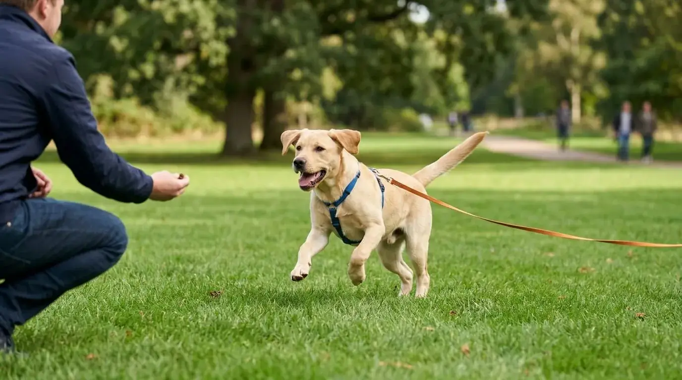 Adolescent yellow Labrador running back to its owner on a long training line in a park